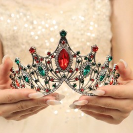 Rannyrena Rhinestone Crystal Tiara Crown for Women Silver Bridal Wedding Headband Elegant Princess Hair Accessories for Birthday Prom Quinceanera (Dark silver-red green, Standard)