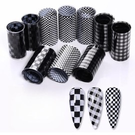 1 caja con 10 rollos de pegatinas de transferencia de lámina para uñas, pegatinas de uñas a cuadros blancos y negros, herramientas para decoración de uñas, pegatinas de uñas DIY para uso doméstico.