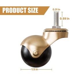 NATIKON Set of 4 Tone 1.5" inch Ball Caster Wheels with 0.59" Threaded Stem Length for Furniture, 360-Degree Rotation (Gold)
