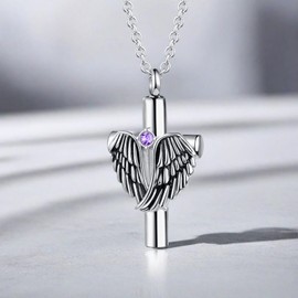 LuxglitterLin Angel Wing Cross Urn Necklace for Ashes Feb Birthstone Stainless Steel Cremation Jewelry Women Men