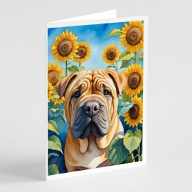 Caroline's Treasures Shar Pei in Sunflowers Greeting Cards Pack of 8 Blank Cards with Envelopes Whimsical A7 Size 5x7 Blank Note Cards