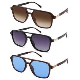 AZorb Retro Square Aviator Sunglasses for Women Men Trendy Rectangle Flat Aviator Sun Glasses Vintage Shades 3 Pack (Leopard/Gradient Brown Lens+Black/Gradient Grey Lens+Leopard/Blue Lens)