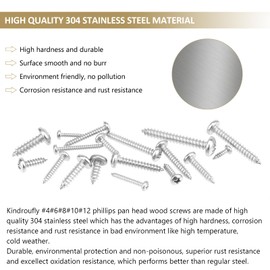 Kindroufly 542 Pieces #4#6#8#10#12 Phillips Pan Head Self-Tapping Screws, Wood Screws Assortment Kit, 304 Stainless Steel