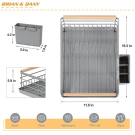 BRIAN & DANY Dish Drying Rack, Dish Racks for Kitchen Counter, Stainless Steel Dish Drainer with Removable Cutlery Holder & Drainboard, Grey