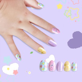 Kawyehu Kids Press on Nails Almond Children Fake Nails Artificial Nail Tips Adhesive Full Cover Short False Fingernails for Girls Kids Nail Decoration (Summer Flower-A)
