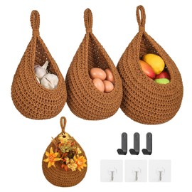 Boho Wall Hanging Fruit Baskets for Kitchen 3 Pack Woven Produce Holder with 6 Pcs Strong Hooks Vegetable Hanging Basket for Organizing Teardrop Home Wall Potato Onion Storage, Green