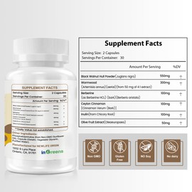 Black Walnut with Sweet Wormwood, Berberine, Ceylon Cinnamon, inulin, Olive Fruit, Digestive Health, 60 Capsules