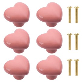 Pack of 6 Furniture Knobs, Ceramic Heart Pink Knob for Cupboard, Cute Handmade Decorative Handles with Screws for Children's Room, Drawers, Cupboard, Wardrobe, Bookshelf