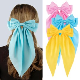 Loqpol 3 PCS Silky Satin Hair Bows, Oversized Long Tail Bows with Barrette Clips, Coquette Hair Accessories for Women and Girls (Blue - L.Pink - B. Yellow)