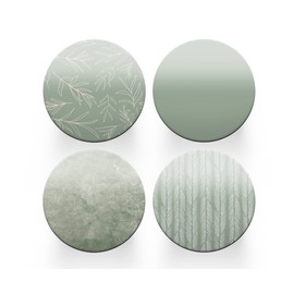 4 x Round Sage Green Coasters - Floral Pattern Farmhouse Women Set Theme House Warming Circle Drinks Kitchen Decoration Décor Gift #80205
