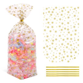 Somioco 100 Pcs 6“X 10” Bottomed Cellophane Goodie Bags Gold Star Prints Party Favor Bags Clear Cellophane Gift Bags Cookie Candy Bags Cellophane Treat Bags, Perfect for Parties, Weddings and Bakeries