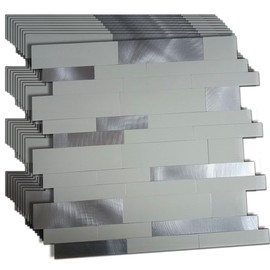 XUANINY 10-Sheet Peel and Stick Metal Backsplash Tiles, Self Adhesive Aluminum 3D Wall Sticker, Wall Panels for Kitchen Bathroom, Bedroom, Living Room(11.81"x11.81") (Grey Beige+Frosted Silver, 10)