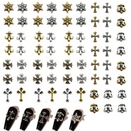BTtime Punk Nail Art Charms Nail Parts Metal Parts 3D Studs Deco Parts Retro Cross Punk Nail Rivet Nail Parts Nail Design Supplies DIY Craft Accessories (Set of 72)