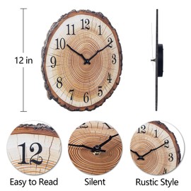 Rustic Wooden Wall Clock 12 Inch Silent Non Ticking Wall Clocks Battery Operated