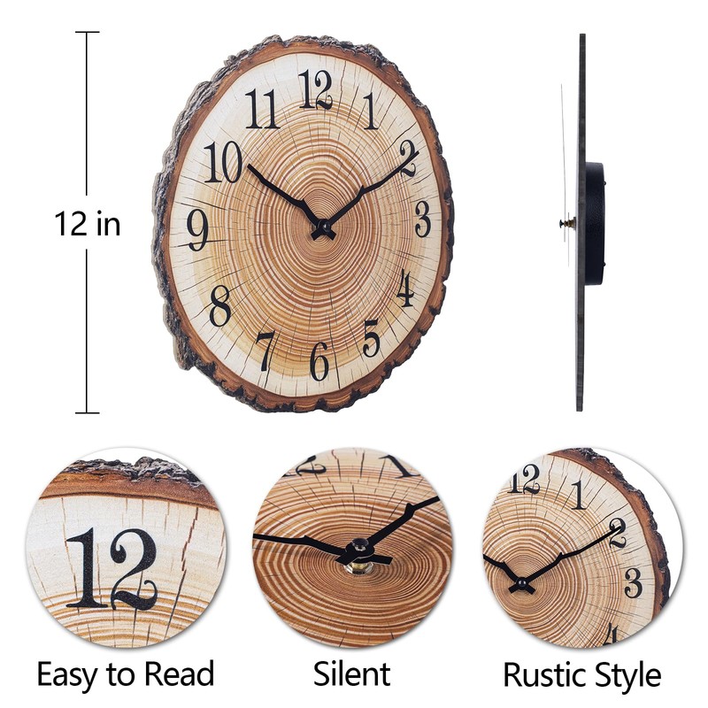 Rustic Wooden Wall Clock 12 Inch Silent Non Ticking Wall