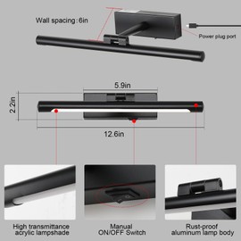 OPMRE Modern LED Picture Light Dimmable 12.6 "Black Picture Light lampshade can Rotate up or Down 270 Degrees 3 Color Temperature Display Wall Art Light Battery Powered