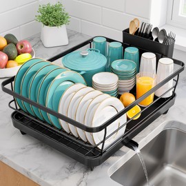 Sakugi Stainless Steel Dish Drying Rack for Kitchen Counter, Sink Organization and Storage Essentials with Silverware & Utensil Holder, Home and Apartment Decor, 12''W x 15.5''L, Black