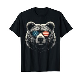 Funny Bear cool Grizzly Bear Wearing Sunglasses USA Flag T-Shirt
