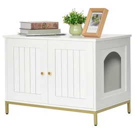 Homhedy Cat Litter Box Enclosure, Cat Washroom Furniture with Metal Frame, Pet House, Fit Most of Litter Box, Modern Style, White and Gold