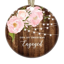 DIGIBUDDHA Engagement Gifts for Her, Our 1st Christmas We're Engaged First Christmas Ornament Couple Pink Peonies Rustic Xmas Farmhouse Collectible 3" Flat Circle Porcelain with Ribbon & Free Box
