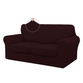 ISSUNTEX 3 Pieces High Stretch Thicken Loveseat Couch Covers, Soft Sofa Slipcover for 2 Separate Cushion Couch, Jacquard Fabric Elastic Sofa Cover Furniture Protector for Dogs (Loveseat, Wine)