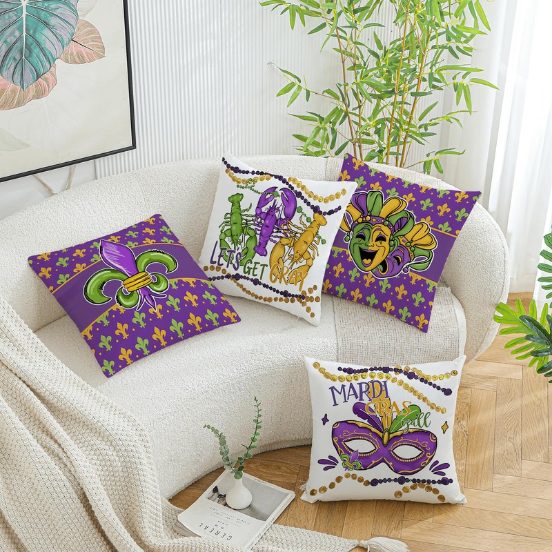 Mardi Gras Throw Pillow Covers 18x18 Set of 4 Fleur