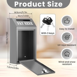 Yaocom Safe Cash Box Money Collection Metal Donation Box with Lock Wall Mount Pre Drilled Mailbox Delivery Ballot for Home Office Outdoor Self Serve Stand(Grey,10.2 x 5.7 x 2.8 Inch)