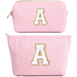 Pack of 2 Initial Makeup Bag, Corduroy Cosmetic Bag, Travel Toiletry Bag, Travel Utensils, Makeup Bag, Women, Christmas, Birthday Gift for Women, Girls, Sister, Pink Cosmetic Bag, a