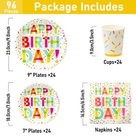 UVTQSSP 96 Pcs Party Plates and Cups and Napkins Sets, Birthday Paper Plates and Napkins, Disposable Tableware Set, Party Supplies for Kids Happy Birthday Serve for 24, Striking Design