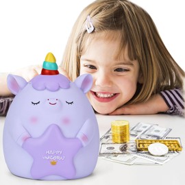 PHOCAS Unicorn Piggy Bank Kids Plastic Saving Coin Box Unicorn Room Decor Christmas Birthday Gift with Box(Purple)