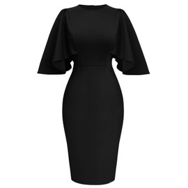 Memoriesea Women's Ruffle Flared Sleeve Bodycon Pencil Formal Cocktail Midi Dress Black