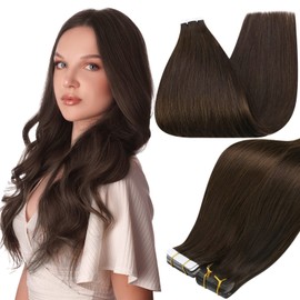 Full Shine Tape ins Real Human Hair Extensions 16Inch Dark Brown Color Seamless Tape in Extensions Skin Weft Double Sided Tapes in Hair Extensions 20Pcs 50G Invisible Remy Hair Extensions Human Hair