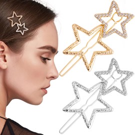 Mxxipp 4pcs Star Hair Pin for Women, Sparkly Rhinestone Crystal Hairstyle Bang Clips, Non-Slip Hollow Barrette Accessories for Long Short Straight Curly Hair- Gold & Silver