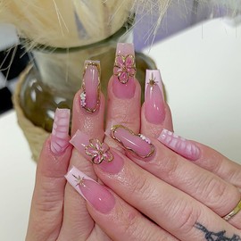 Flower Press on Nails Medium French Tip Fake Nails with 3D Gold Line Glue on Nails Artificial Star False Nails Gradient Pink Coffin Shape Stick on Nails Spring Cute Acrylic Nails for Women 24Pcs
