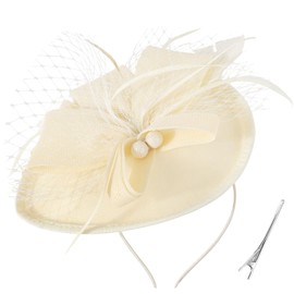DRESHOW Flower with Single Arrow Feather Fascinators Hat Headband and a Forked Clip Bridal Headpiece Derby Fascinator Pillbox Hat Headpiece for Girls and Women, 1 x single arrow fascinator hat: beige