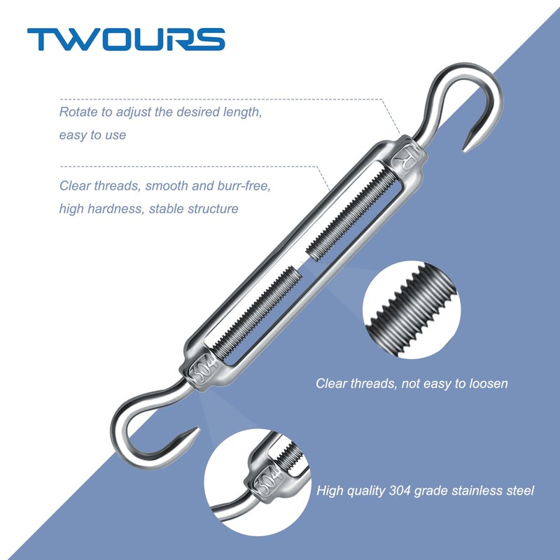 Hook & Hook Turnbuckles Twours 304 Stainless Steel Heavy Duty