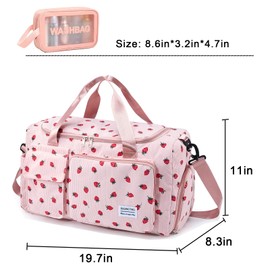 Strawberry Printed Small Gym Bag for Women, Waterproof Travel Duffle Bag Carry On Weekender Bag with Shoe Compartment & Wet Pocket, Gym Tote Bag for Travel, Workout, Sport