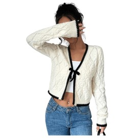 GORGLITTER Women's Cardigan Short Cardigan Long Sleeve Jackets Colour Block Knitted Outwear Sweaters Knitted Cardigan with Bow, beige