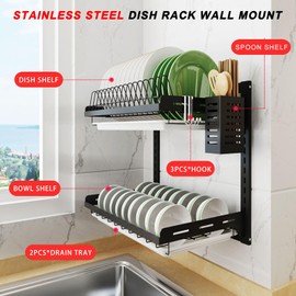 Hanging Dish Drying Rack, Wall Mounted Dish Rack Kitchen, 2 Tier Plate Organizer Wall Mount, Stainless Steel Dish Drainer Storage Shelf with Drainboard, Cutlery Holder, Black, Ajustable Height (16")