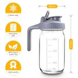 Mason Jar Pitcher, 32 OZ Glass Pitcher with Lid Double Leak-proof with Handle Water Jug Wide Mouth Breast Milk Pitcher Fridge Container for Water, Juice, Iced Coffee, Tea, Juice - Grey