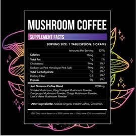 Just Move Supplements - Just Shrooms Mushroom Coffee - Lion's Mane, Shiitake, Coryceps, King Trumpet, Chaga Mushrooms - Arabica Coffee - Focus, Gut Health, Destress, 1mg Caffeine, loaded powder workout