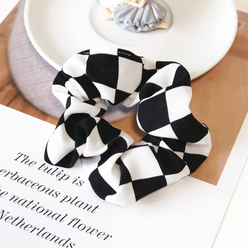 Checkered Plaid Hair Scrunchies Black White Checkerboard BW17 (Black White