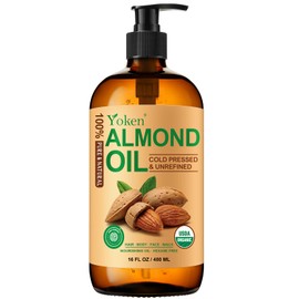 Yoken Organic Almond Oil 16 fl oz 100% Pure Cold Pressed Glass Bottle Almond Oils for Skin, Hair, Face, Body Moisturizer, Smooth and Soft Skin - Base Carrier Oil for DIY, Massage Therapy