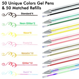 Lineon Gel Ballpoint Pens, Color Ballpoint Pens, 100 Pack, Gel Ink, Water-Based, 50 Color Set, 50 Color Refills, Coloring, Sketching, Doodling, Drawing, Graphs, Notebook, Calendar, Note Taking, Kids, School Entrance Celebration, Birthday Gift, Christmas Gift, Glitter Color, Metallic Color, Case Included