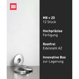 INBUS® 74988 Washers M8 x 20 (Body Washer, Stainless Steel A2), Pack of 12 - Metal Washers for Screws, Nuts & Threaded Rods