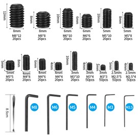 Pack of 420 Grub Screws Assortment, Metric Screw-In Sockets Mounting Screws Carbon Steel, M2.5/M3/M4/M5/M6/M8 Hex Socket Screws Threaded for Door Handles, Pack of 5 Allen Keys