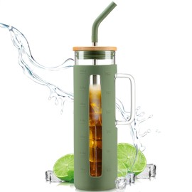 Kodrine Tumbler with Lid and Straw, 24 oz Glass Tumbler with Handle, Iced Coffee Cup Boba Smoothie Cup, Coffee Tumbler Water Tumbler Cups with Bamboo Lid Home Office Tumblers, Olive