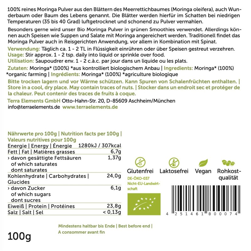 Terra Elements Organic Moringa Powder, 100 g, Moringa Oleifera, Miracle