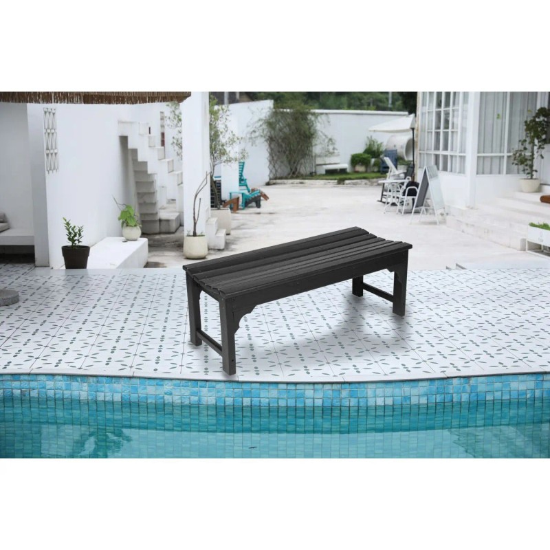 All-Weather Black Adirondack Bench with Backless HDPE Seat Wood Texture