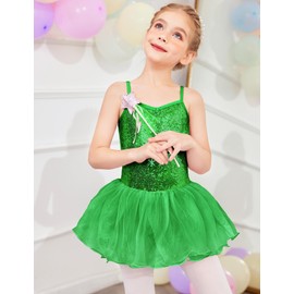 Zaclotre Girls Strap Ballet Leotards Tutu Dress Sparkly Sequin Skirted Leotard Ballerina Outfit Dance Costume for Kids Green